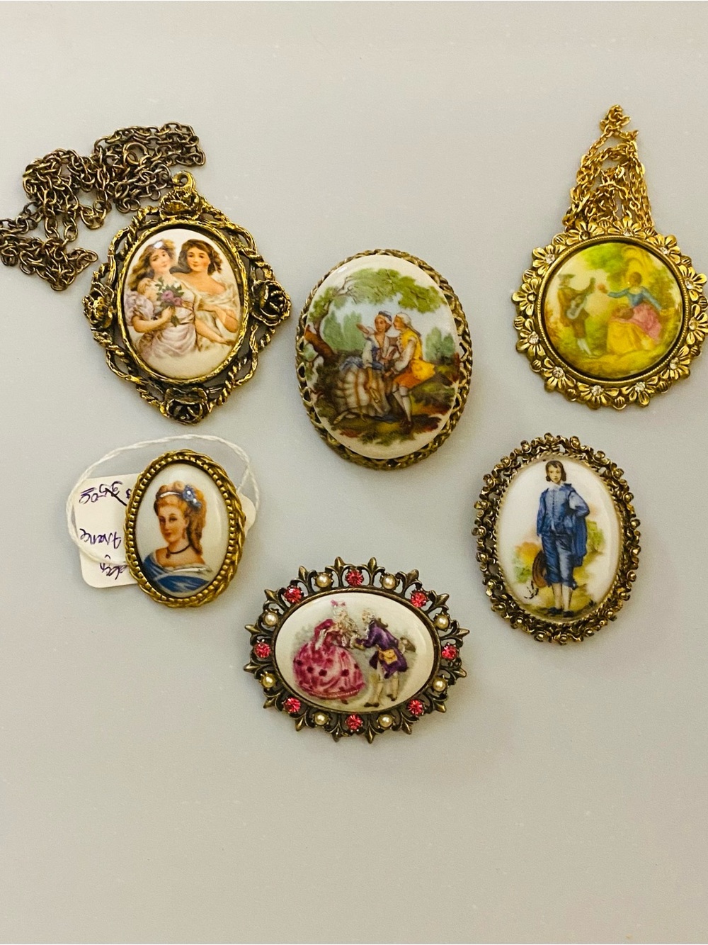 Hand-Painted Porcelain Cameo Brooch / Pendant - Gold Tone with Multicolor Scenes